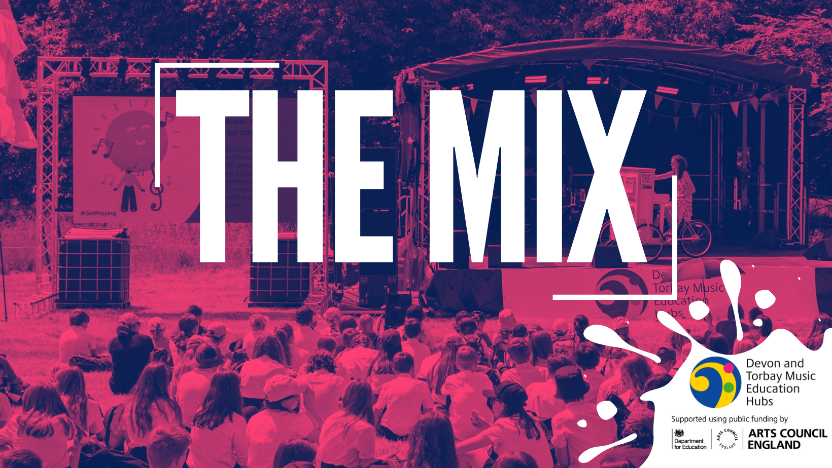 Audience of young people at The MIX music festival, with partner logos 